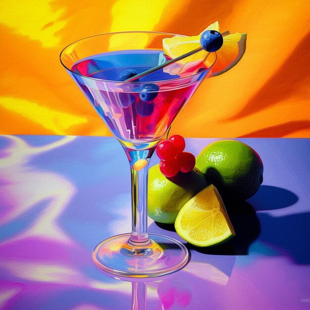 a glass of martini next to a lime and kiwi fruit.