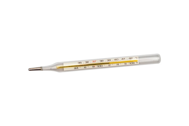 Glass medical mercury thermometer lies to measure body temperature on a white isolated background