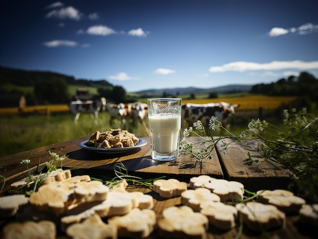 A glass of milk on the background of a herd of cows generative ai