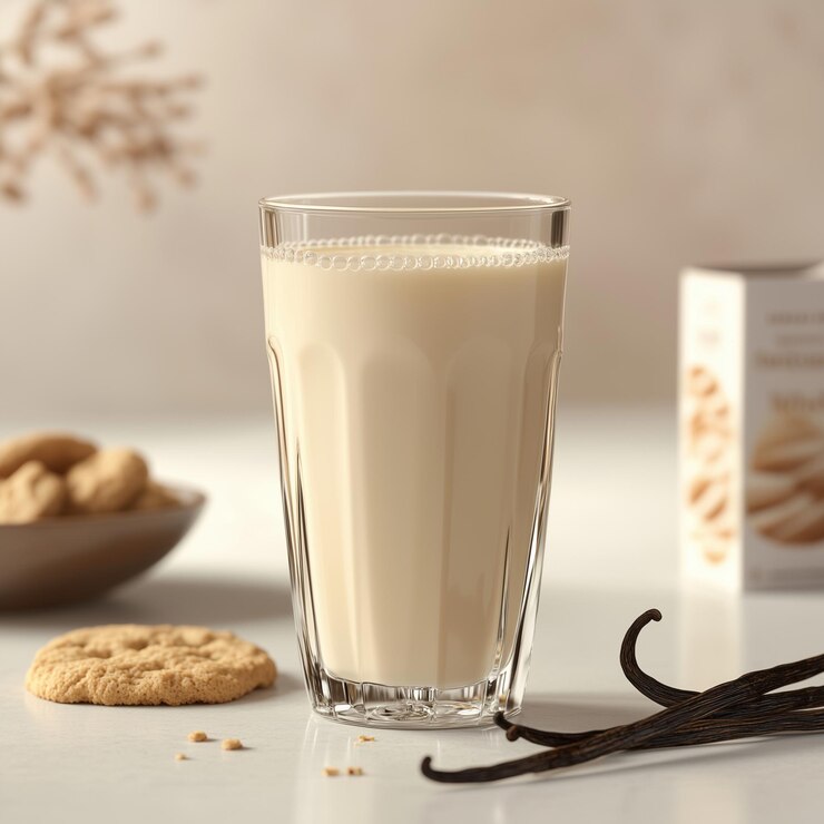 a glass of milk next to a bag of nuts and a bag of peanuts