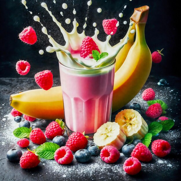 a glass of milk and bananas with berries and bananas on it