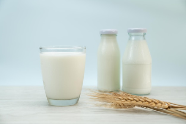 Glass of milk on blue background Concept of farm dairy products with copy space