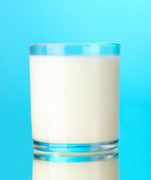 Glass of milk on blue