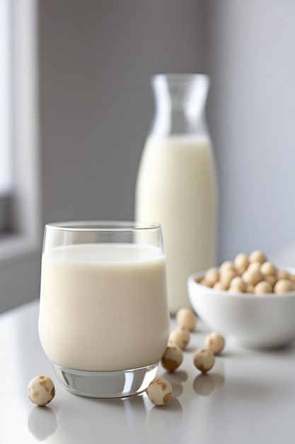 A glass of milk and a bottle of almond milk on a table.