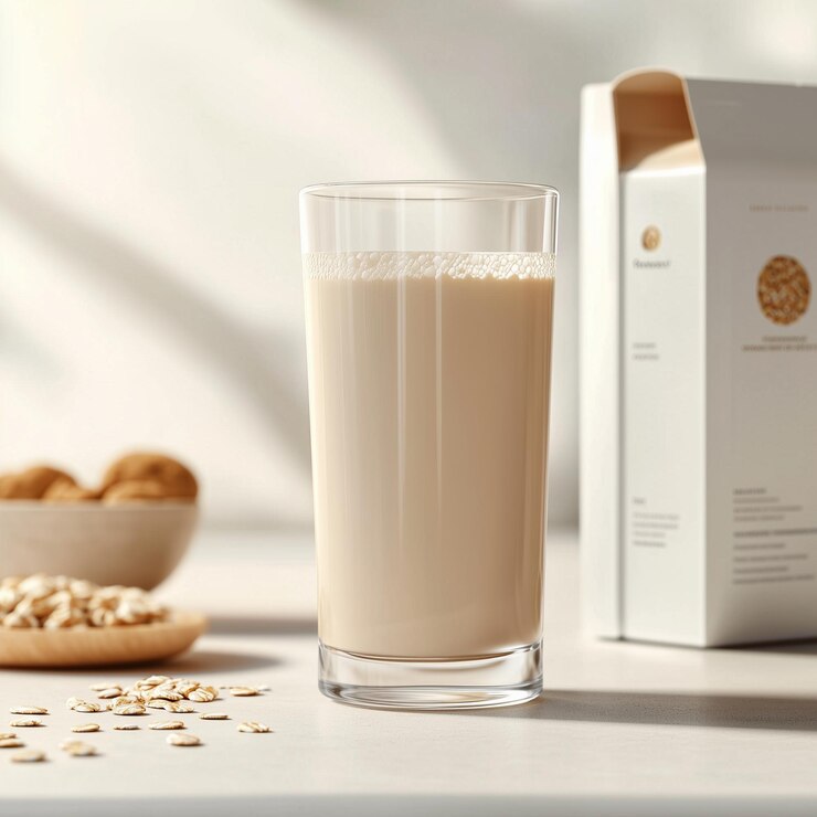 a glass of milk and a bottle of mile on the yellow table morning light at home background