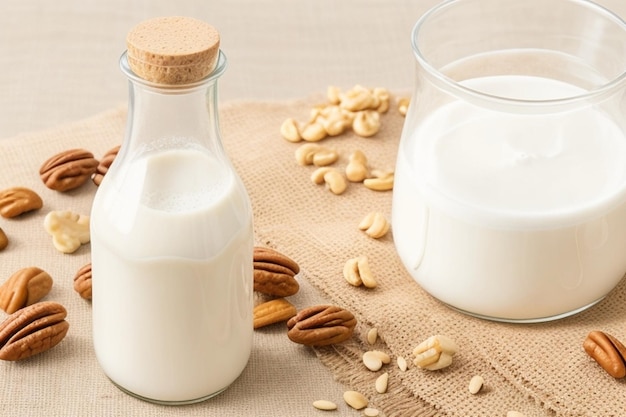 Glass of milk and bottle with nuts on a wooden board on a blue background