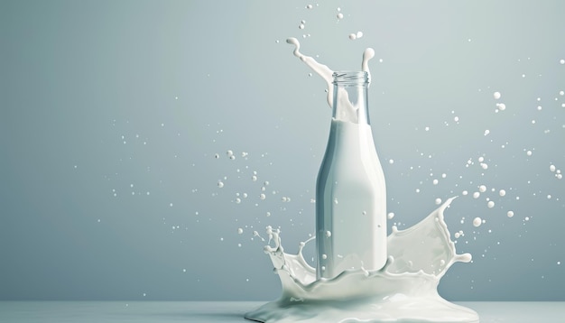 Glass Milk Bottle With Splash On Minimal Background