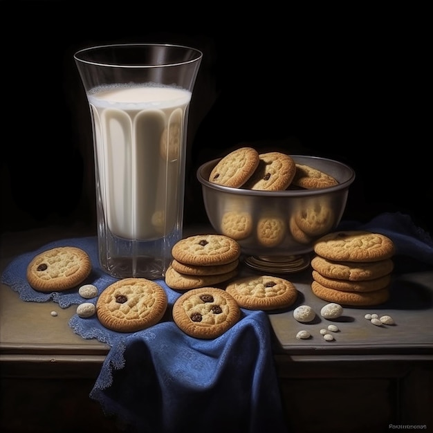 a glass of milk next to a bowl of milk and cookies.