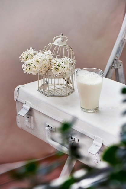 Glass milk and bowl of white insipidity on the suitcase