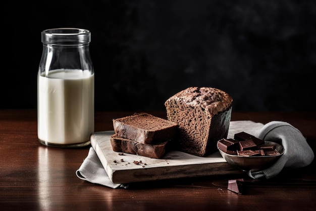 A glass of milk and bread on a table with a bottle of chocolate milk.