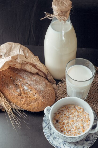 Glass of milk and bread