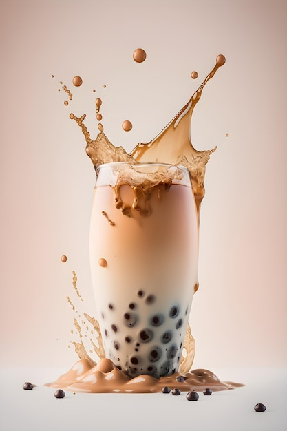 A glass of milk and bubble tea with milk and bubbles