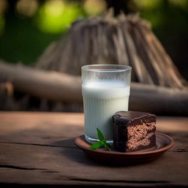 glass of milk and cake on wood table background illustration images 3d render ai generated