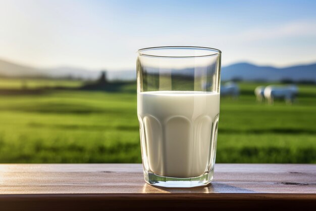 Photo a glass of milk on cattle farm background