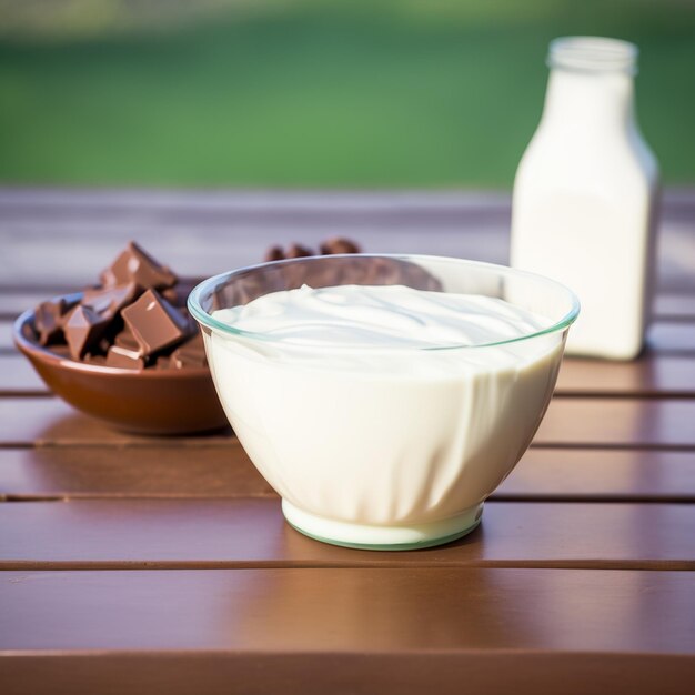 glass of milk and chocolate on wood table background illustration images 3d render ai generated