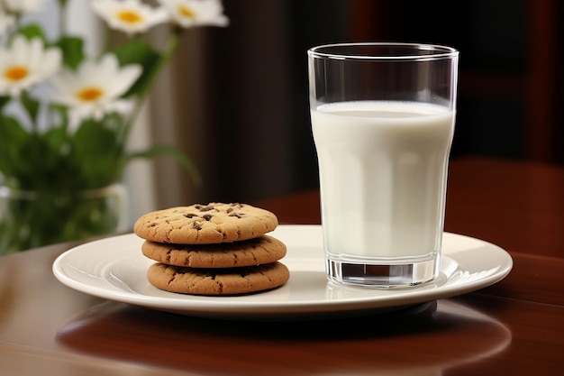 A glass of milk cookies on a plate