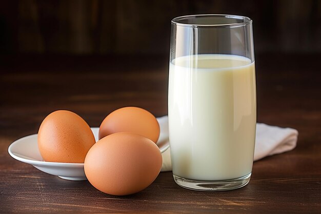 Photo a glass of milk next to a couple of fresh eggs breakfast preparation