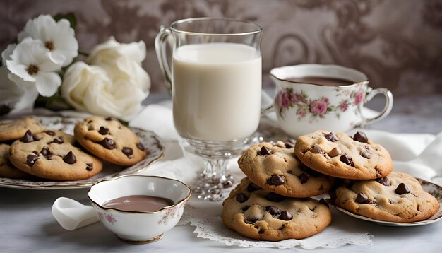 Photo a glass of milk next to a cup of milk and cookies