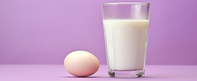 A glass of milk and an egg are set against a purple background