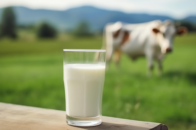 glass of milk in front of field with cow AI generated image