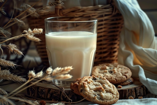 Photo glass of milk glass of milk glass of milk with cookies on wood and basketwork background