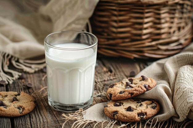 우유 한 잔, 나무와 바구니 바탕에 쿠키를 가진 우유 한 그.