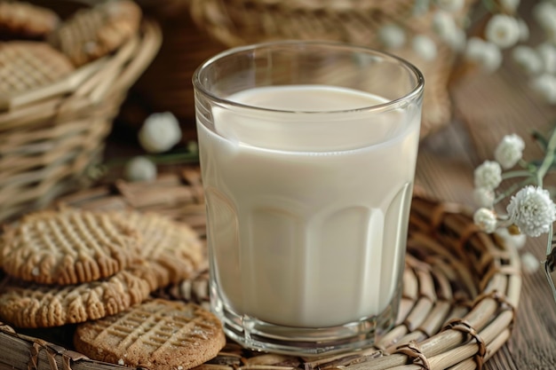 Стакан молока стакан молока стекло молока с печеньем на деревянном фоне и корзине