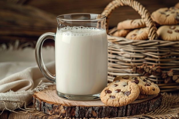 Photo glass of milk glass of milk glass of milk with cookies on wood and basketwork background