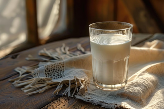 Склянка молока, стакан молока с салфеткой на старом деревянном столе.