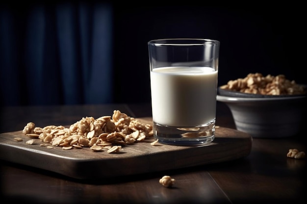 A glass of milk and a glass of milk on a table with a bowl of almonds.