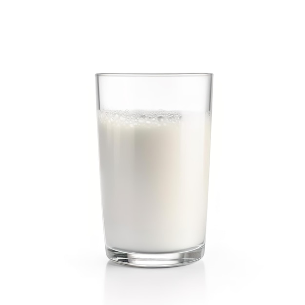 A glass of milk is full of milk on a white background.