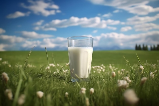 A glass of milk is on the grass