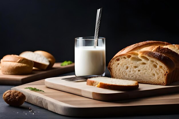 Foto un bicchiere di latte è accanto a una pagnotta.