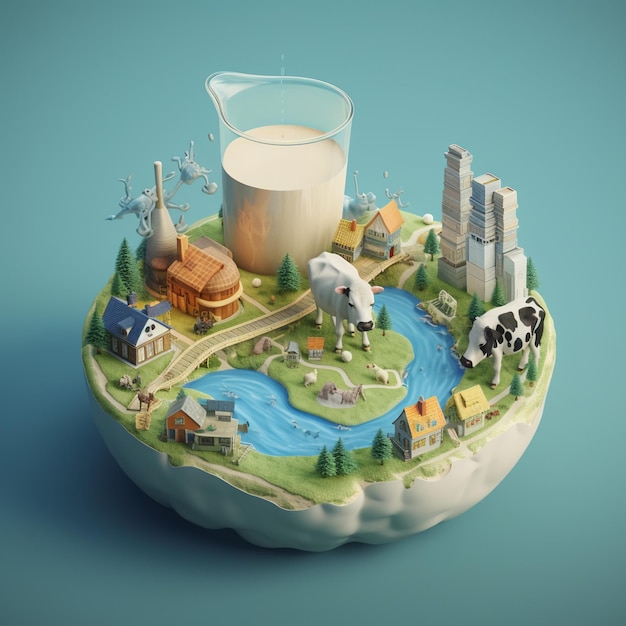 Стакан молока стоит на маленьком острове с коровой на нем.