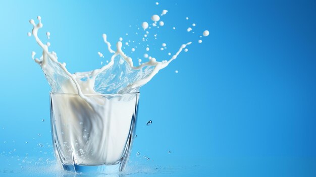 Glass of milk on isolated blue background with copy text space