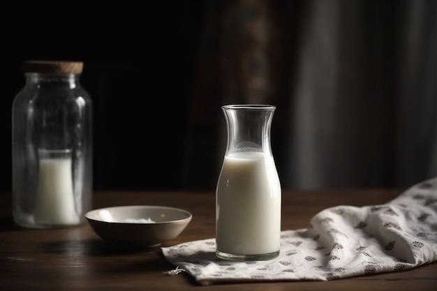 Glass of milk and jar on table with cloth and background