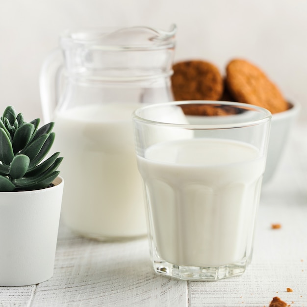 A glass of milk, a jug of milk, cookies on a light background