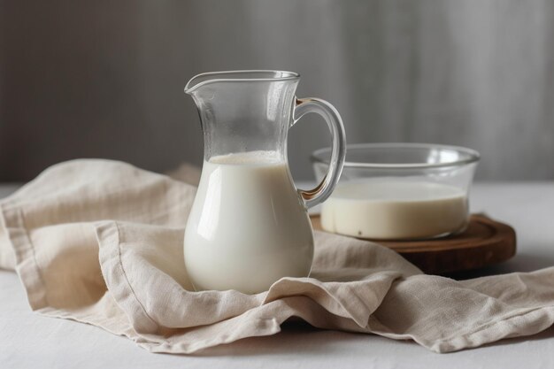 Glass of milk and jug on napkin background