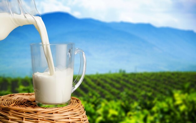 Glass of milk and jug on wooden