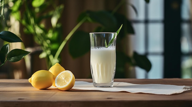 A glass of milk next to a lemon on a table