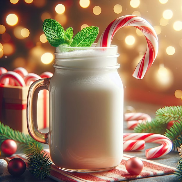 Photo glass of milk and mint christmas background