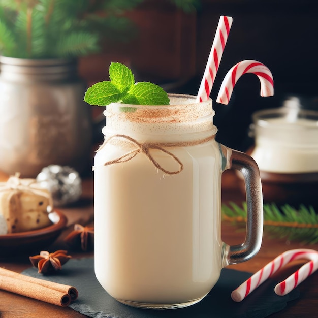 Photo glass of milk and mint christmas background