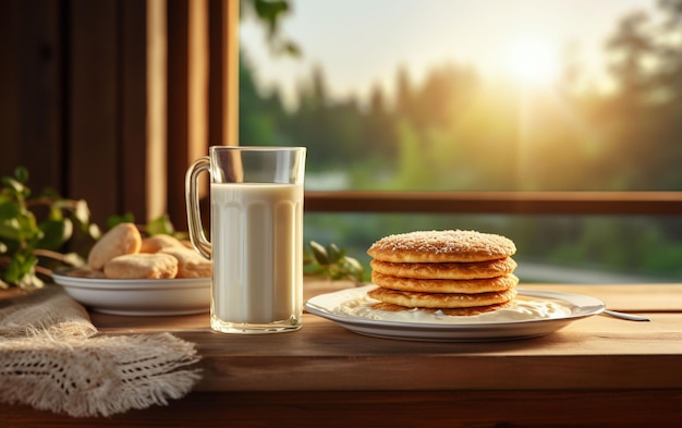 夕暮れの朝の景色で木のテーブルの上に牛乳とパンケーキのグラス