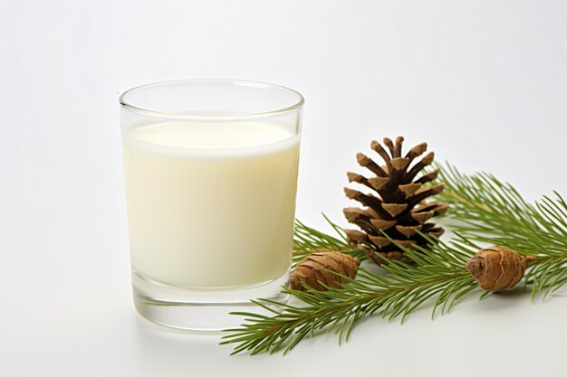 A glass of milk next to a pine cone