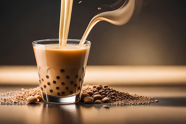 A glass of milk pouring into a cup with the word boba on it.