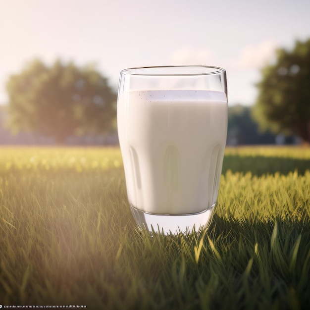 A glass of milk sits on the grass in front of a tree.