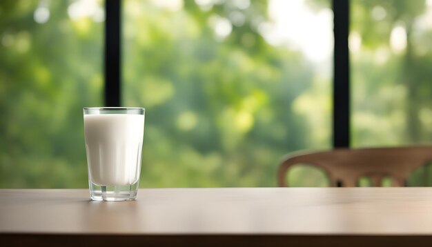 Photo a glass of milk sits on a table next to a chair