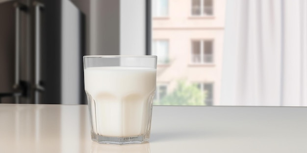 A glass of milk sits on a table in front of a window.