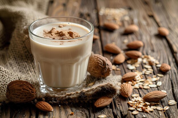 A glass of milk sitting on top of a wooden table