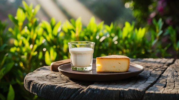 Foto un bicchiere di latte e una fetta di formaggio nel giardino estivo alimenti lattiero-caseari naturali freschi, biologici e sani